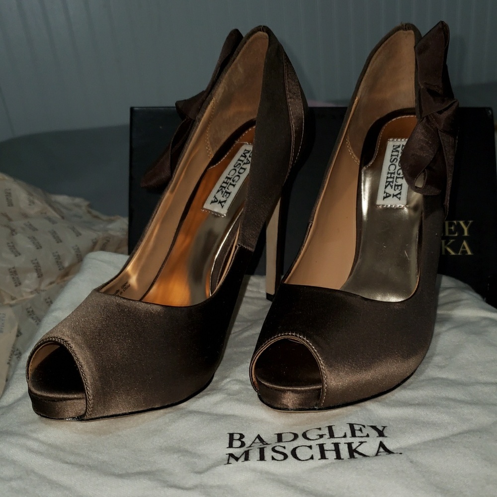 Brown Satin Peep Toe Pumps never worn